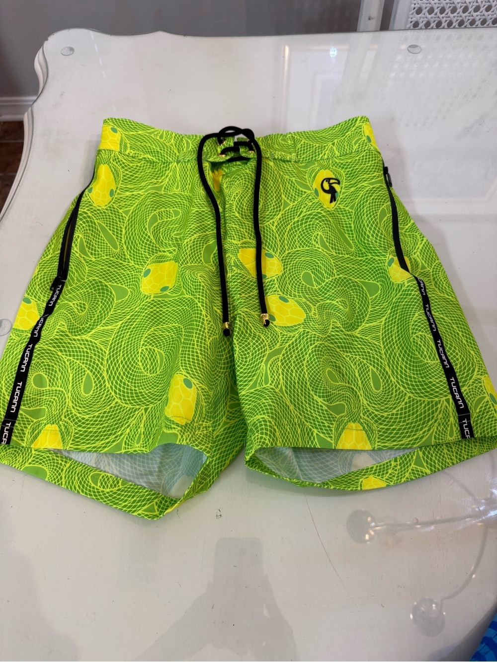 Men's Neon Green Lemon-Print Swim Trunks with Black Drawstring 5”